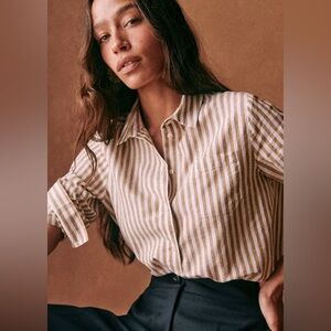 Sézane Tomboy shirt in Camel-Ecru stripes.